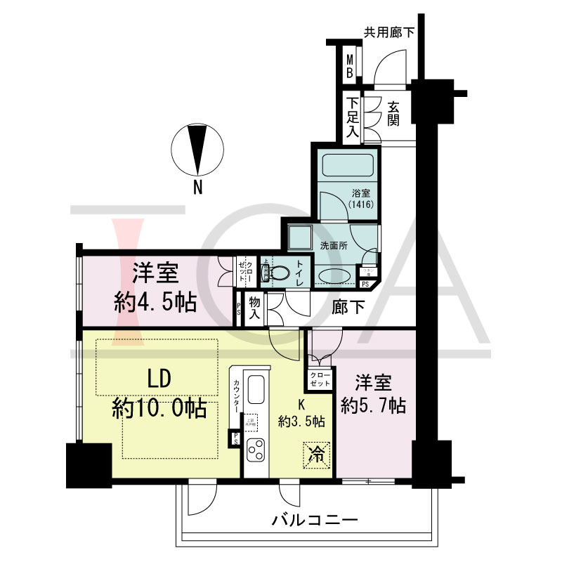 クレヴィアタワー大阪本町の間取り図 4?12階
東向き　2LDK　専有面積59.76m2
バルコニー面積9.23m2
13階
バルコニー面積11.47m2
