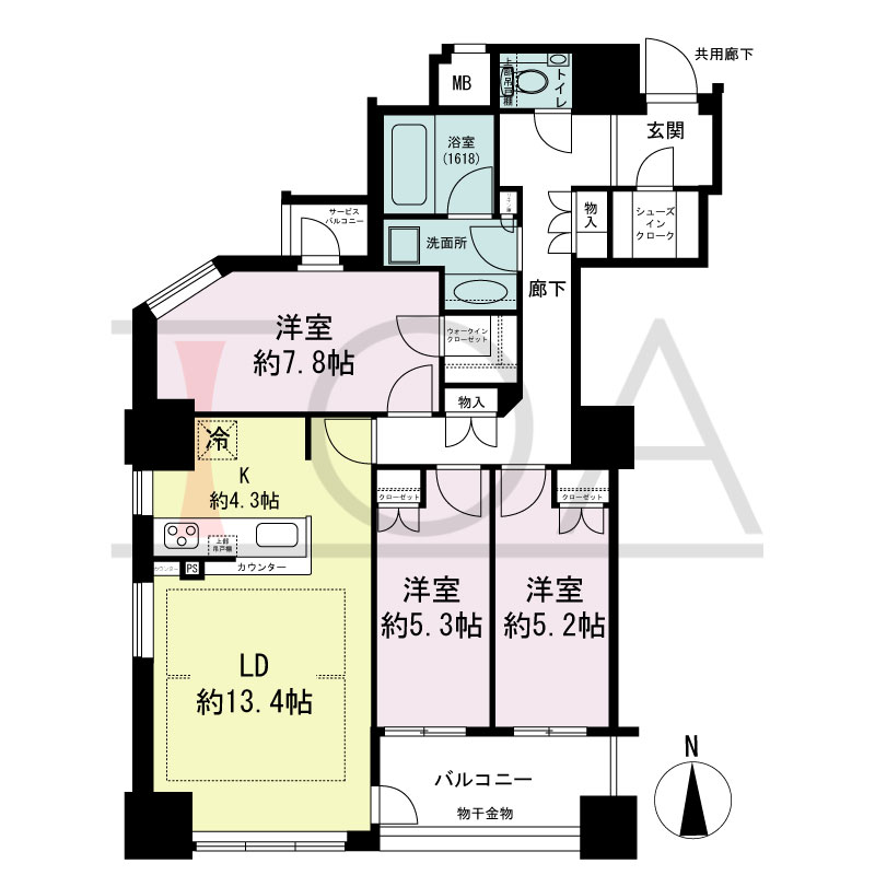 クレヴィアタワー大阪本町の間取り図 南向き角　3LDK+WIC+SIC　専有面積86.77m2
バルコニー面積6.38m2
サービスバルコニー面積1.46m2