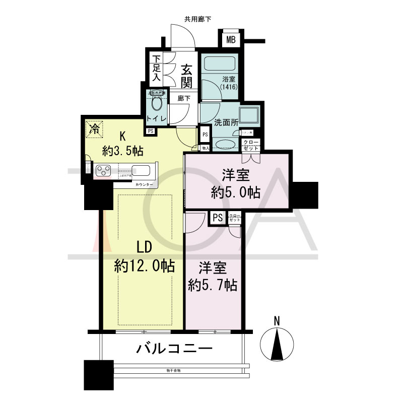 クレヴィアタワー大阪本町の間取り図 南向き　2LDK　専有面積57.23m2
バルコニー面積8.40m2