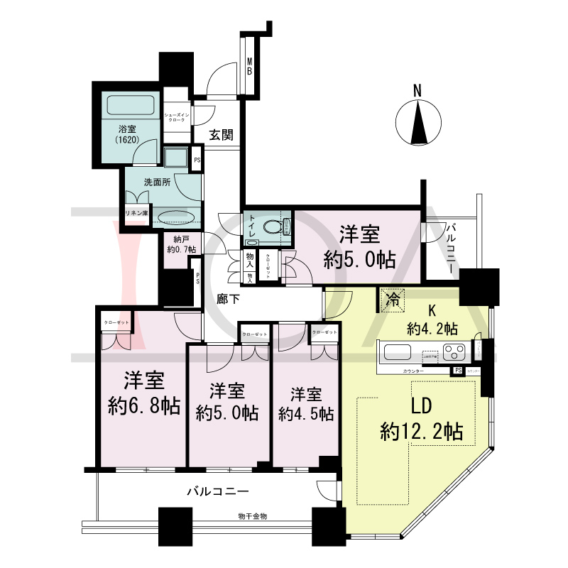 クレヴィアタワー大阪本町の間取り図 南東向き　4LDK+N+SIC　専有面積89.80m2
バルコニー面積13.27m2