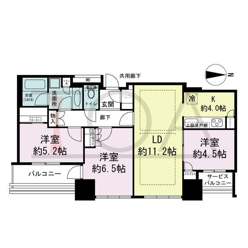 クレヴィアタワー大阪本町の間取り図 東向き　3LDK+WIC+SIC　専有面積70.16m2
バルコニー面積6.12m2
サービスバルコニー面積2.42m2
