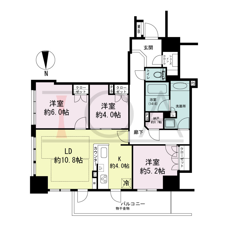 クレヴィアタワー大阪本町の間取り図 東向き　3LDK+N+SIC　専有面積76.82m2
バルコニー面積9.23m2