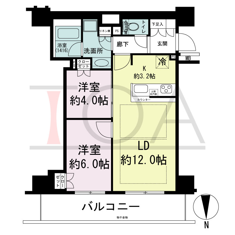 クレヴィアタワー大阪本町の間取り図 北向き　2LDK　専有面積57.01m2
バルコニー面積11.24m2