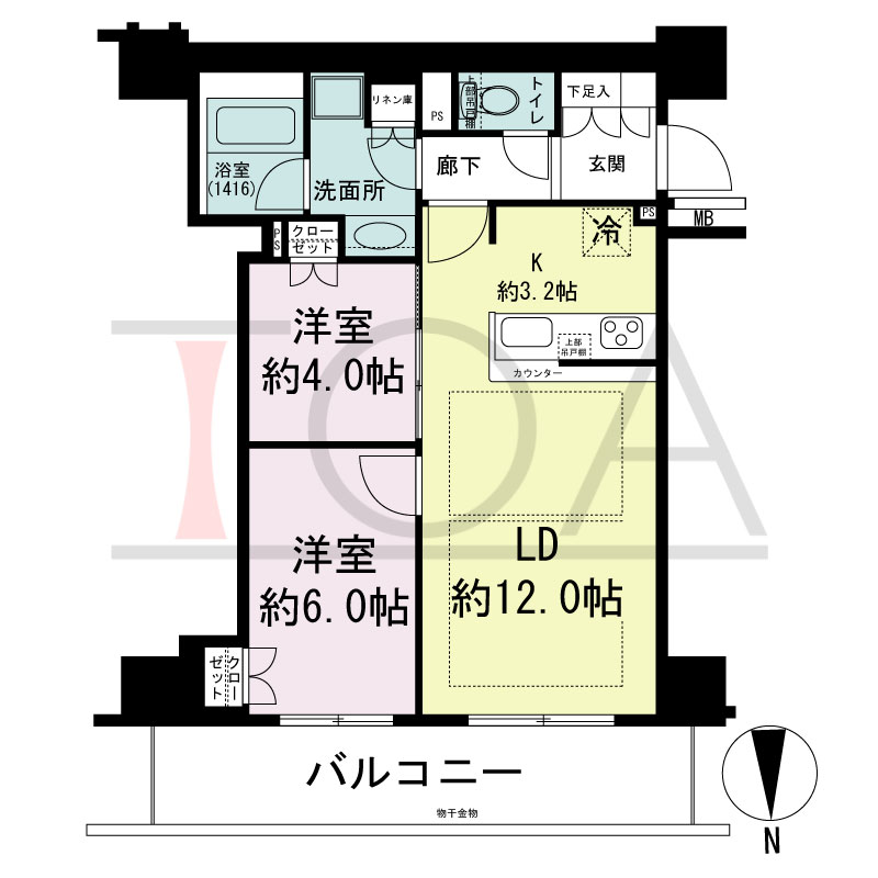 クレヴィアタワー大阪本町の間取り図 北向き　2LDK　専有面積57.50m2
バルコニー面積11.24m2
