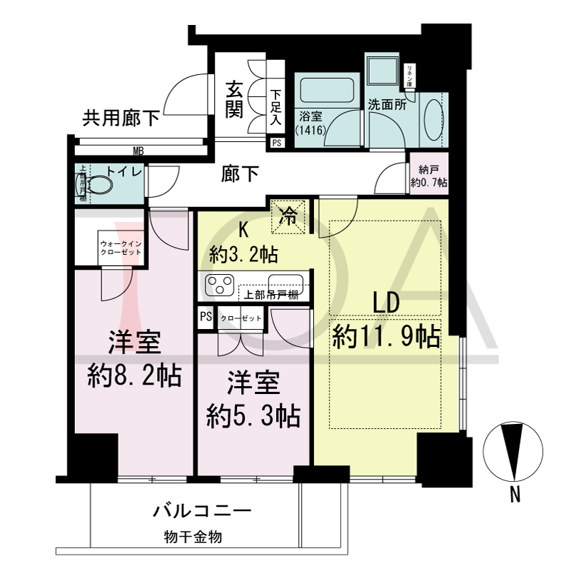 クレヴィアタワー大阪本町の間取り図 北向き角　2LDK+N+WIC　専有面積70.77m2
バルコニー面積6.70m2
サービスバルコニー面積1.34m2