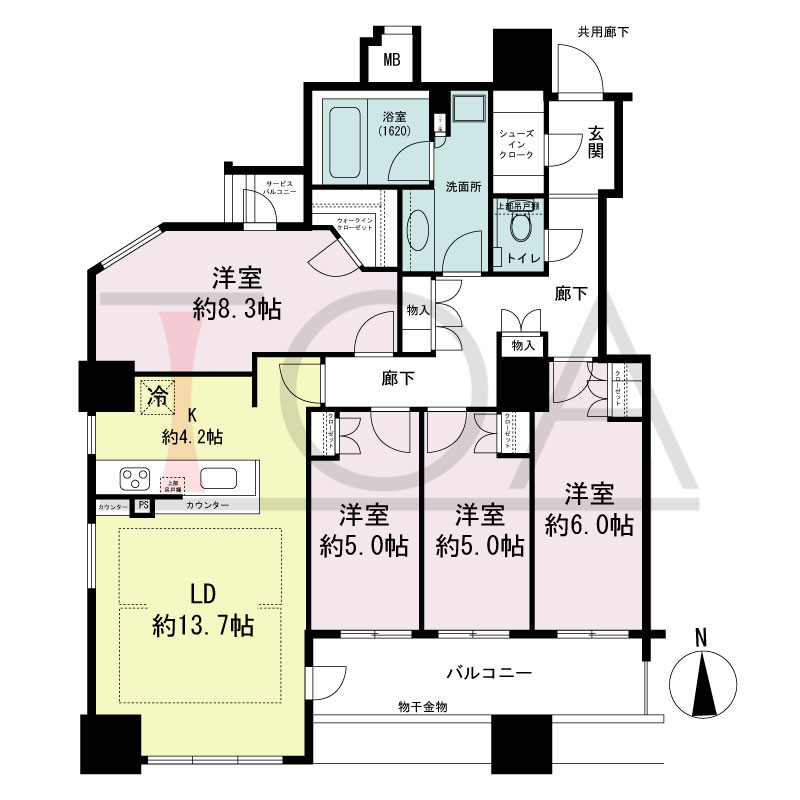 クレヴィアタワー大阪本町の間取り図 南向き角　4LDK+WIC+SIC　専有面積98.72m2
バルコニー面積9.88m2
サービスバルコニー面積1.46m2