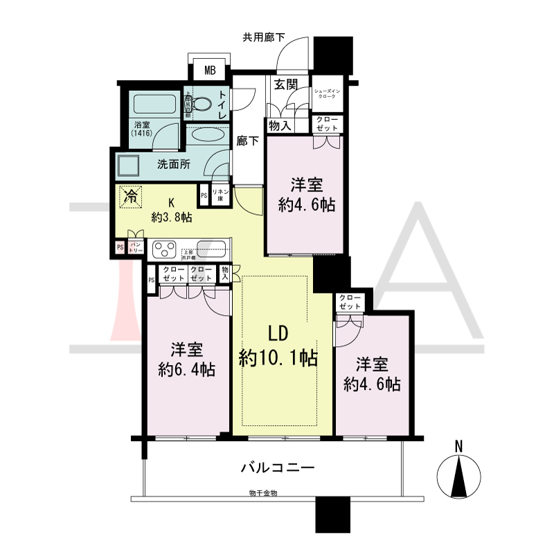 クレヴィアタワー大阪本町の間取り図 南向き　3LDK+SIC　専有面積67.39m2
バルコニー面積11.45m2