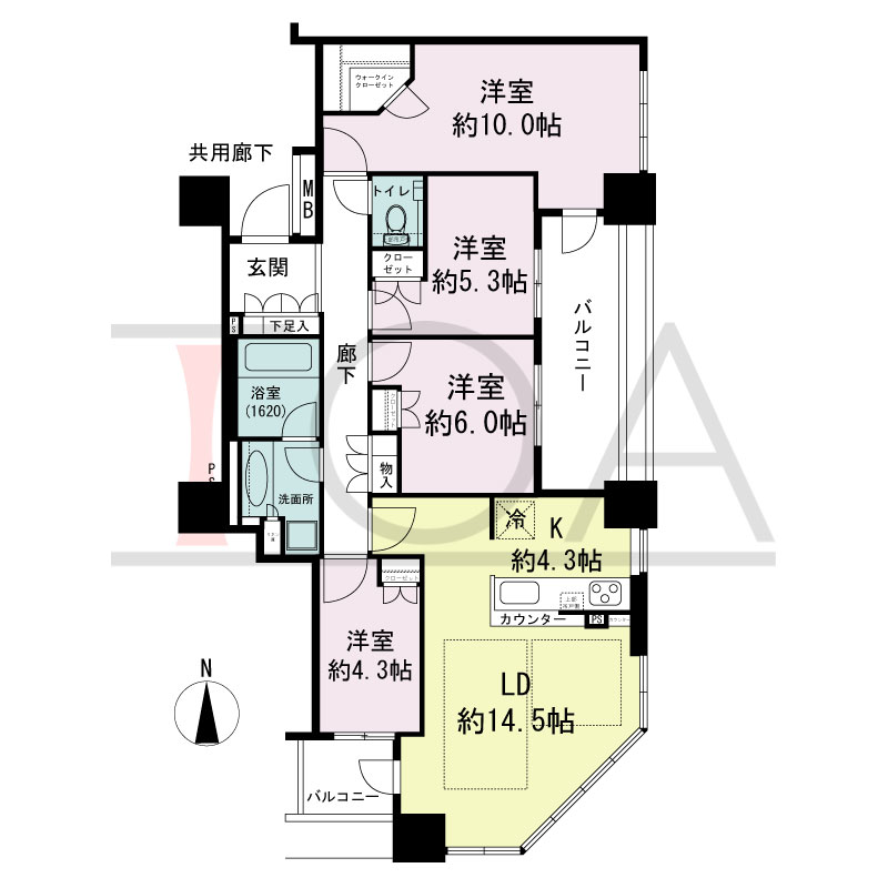 クレヴィアタワー大阪本町の間取り図 南東向き　4LDK+WIC　専有面積98.70m2
バルコニー面積12.24m2