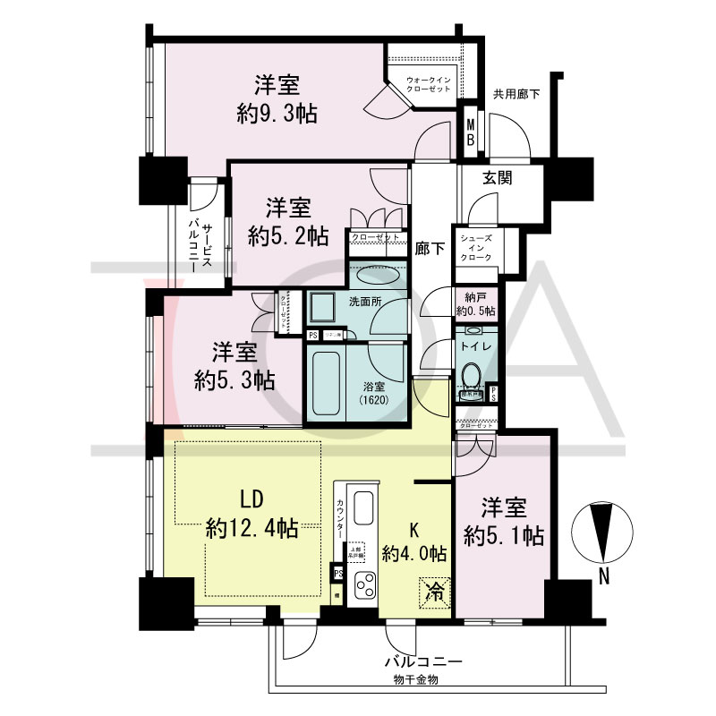 クレヴィアタワー大阪本町の間取り図 東向き　4LDK+N+WIC+SIC　専有面積90.87m2
バルコニー面積9.23m2
サービスバルコニー面積2.42m2