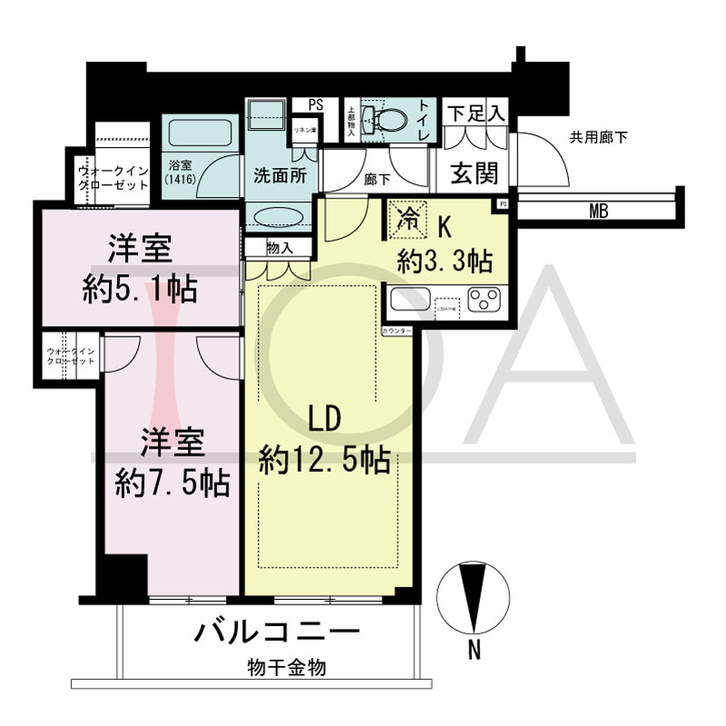 クレヴィアタワー大阪本町の間取り図 北向き　2LDK+WIC　専有面積65.04m2
バルコニー面積7.97m2