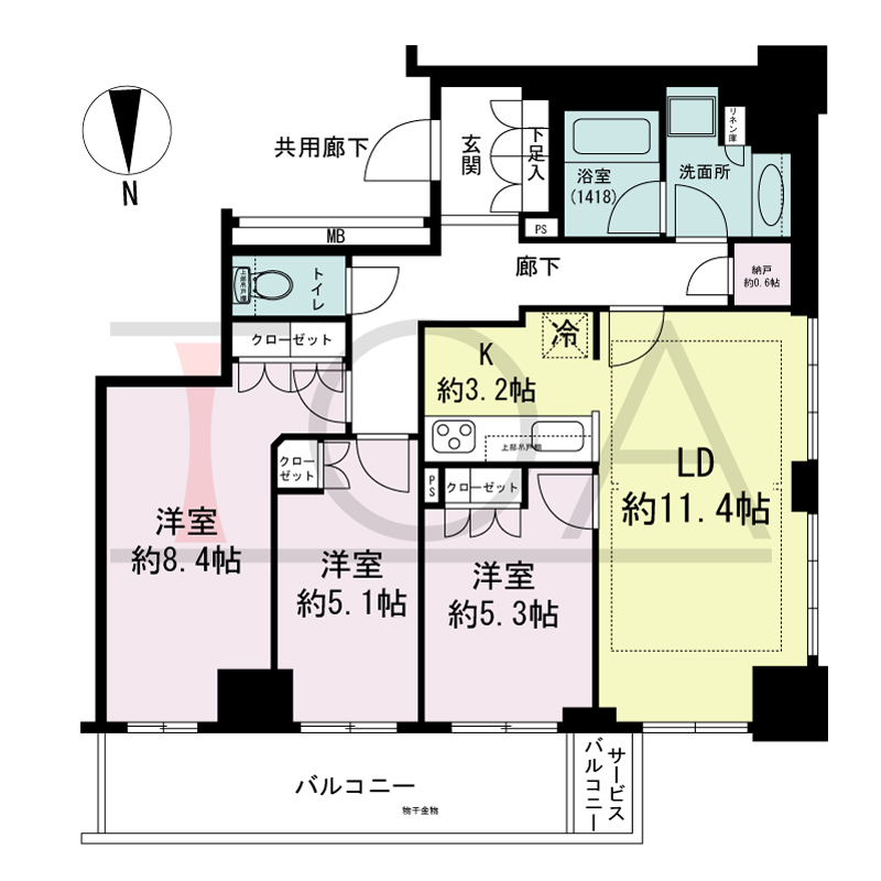 クレヴィアタワー大阪本町の間取り図 北西向き角　3LDK+N　専有面積79.53m2
バルコニー面積9.98m2
サービスバルコニー面積1.34m2