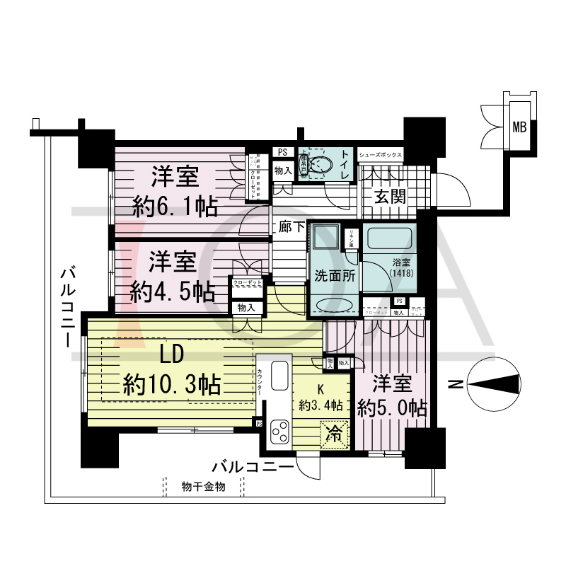 ブランズタワー御堂筋本町の間取り図 北西向き角　3LDK　専有面積69.00m2
バルコニー面積25.66m2
