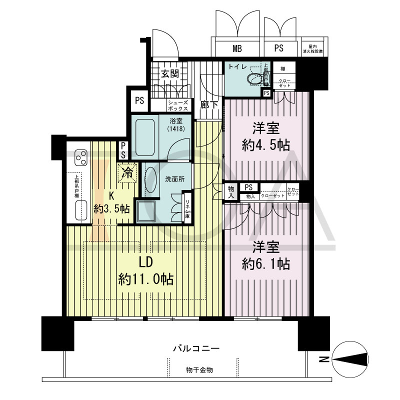 ブランズタワー御堂筋本町の間取り図 西向き　2LDK　専有面積56.72m2
バルコニー面積13.60m2