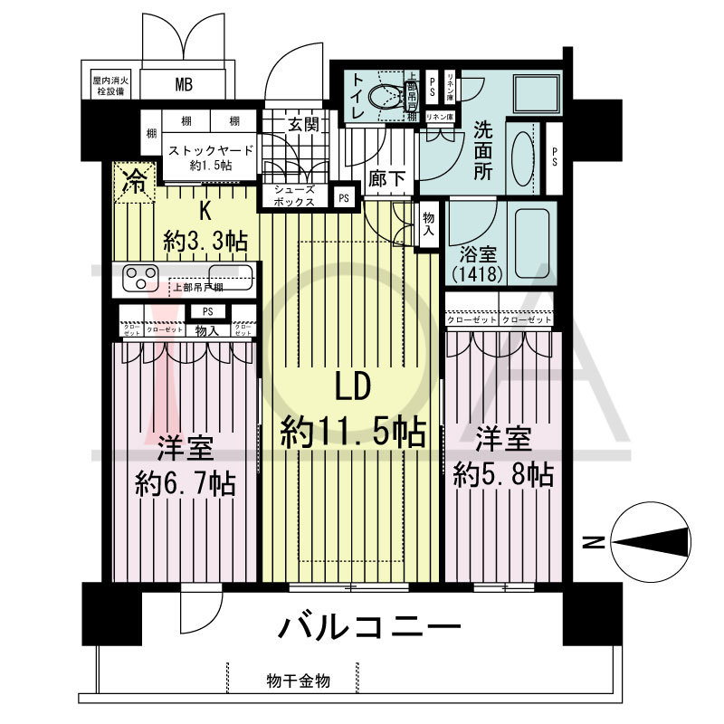 ブランズタワー御堂筋本町の間取り図 西向き　2LDK+ストックヤード　専有面積64.90m2
バルコニー面積14.85m2