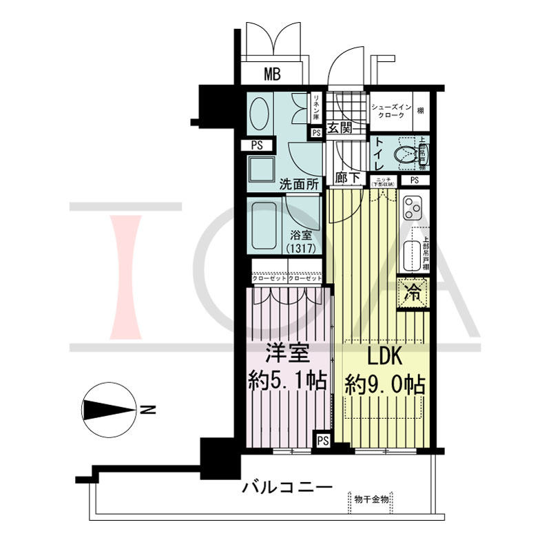 ブランズタワー御堂筋本町の間取り図 東向き　1LDK+SIC　専有面積37.91m2
バルコニー面積10.53m2