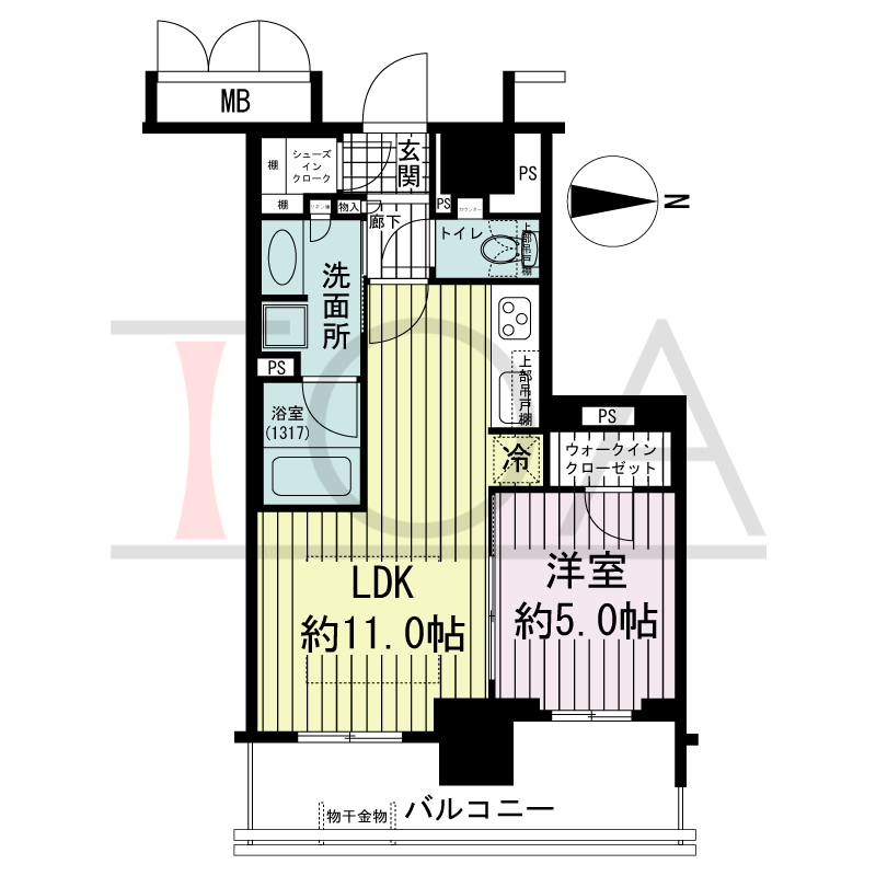 ブランズタワー御堂筋本町の間取り図 東向き　1LDK+WIC+SIC　専有面積41.71m2
バルコニー面積9.70m2