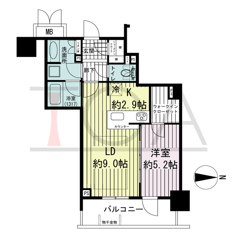 ブランズタワー御堂筋本町の間取り図 東向き　1LDK+WIC+SIC　専有面積44.74m2
バルコニー面積7.48m2