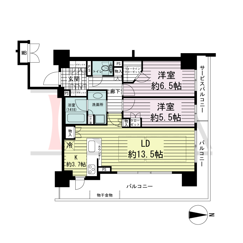 ブランズタワー御堂筋本町の間取り図 東向き角　2LDK+WIC　専有面積68.61m2
バルコニー面積20.28m2
サービスバルコニー面積4.16m2