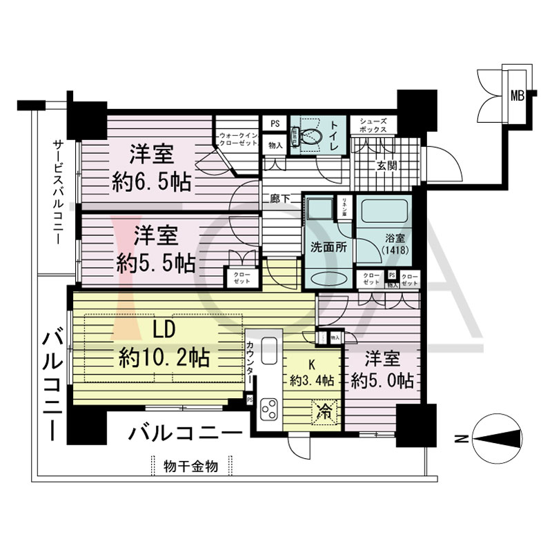 ブランズタワー御堂筋本町の間取り図 北西向き角　3LDK+WIC　専有面積71.23m2
バルコニー面積18.51m2
サービスバルコニー面積4.81m2