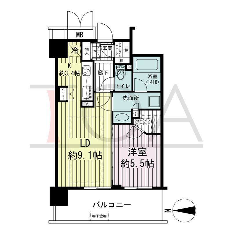 ブランズタワー御堂筋本町の間取り図 西向き　1LDK+WIC+SIC　専有面積45.06m2
バルコニー面積10.63m2