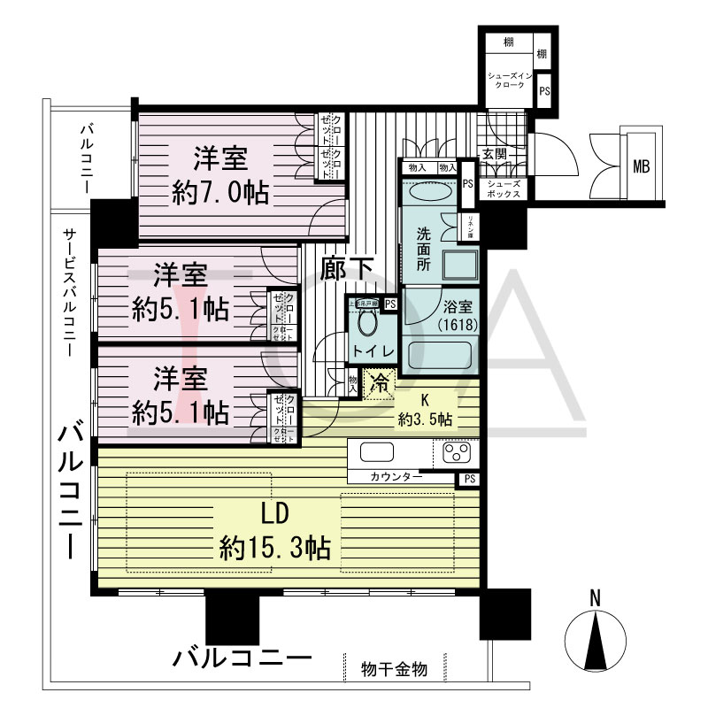 ブランズタワー御堂筋本町の間取り図 南向き角　3LDK+SIC　専有面積85.00m2
バルコニー面積24.66m2
サービスバルコニー面積3.06m2