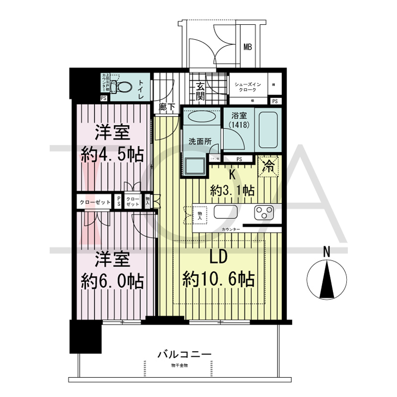 ブランズタワー御堂筋本町の間取り図 南向き　2LDK+SIC　専有面積55.14m2
バルコニー面積11.66m2