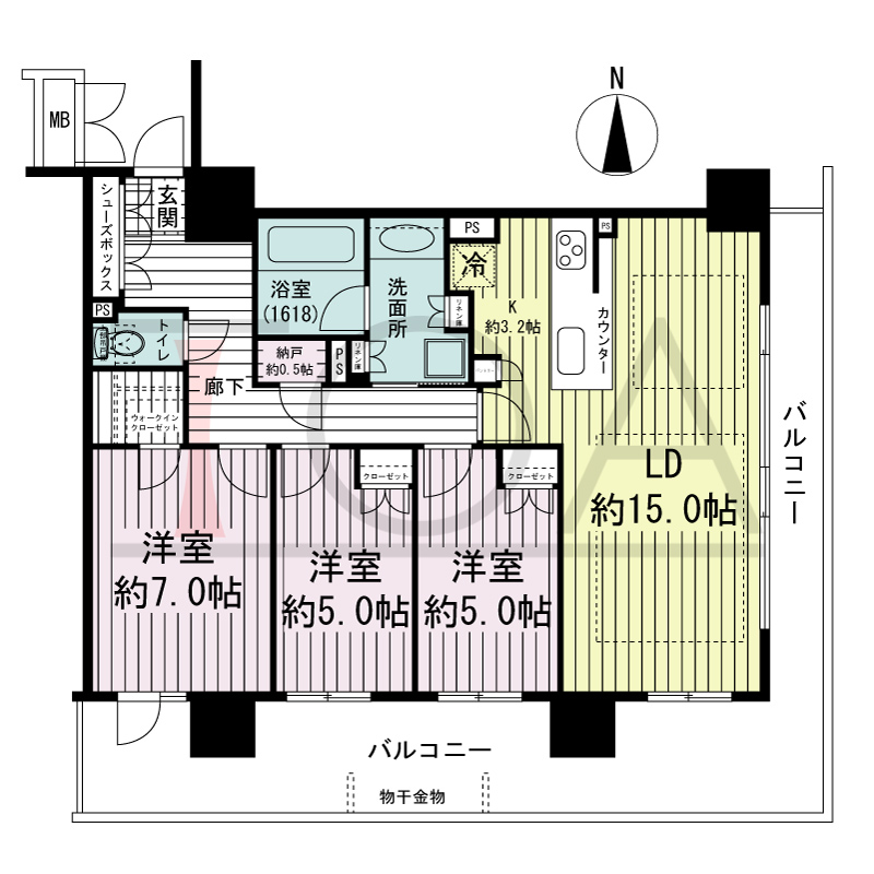 ブランズタワー御堂筋本町の間取り図 南東向き角　3LDK+N+WIC　専有面積81.89m2
バルコニー面積27.93m2