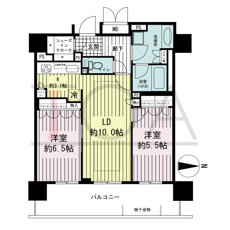 ブランズタワー御堂筋本町の間取り図 東向き　2LDK+SIC　専有面積62.00m2
バルコニー面積14.31m2