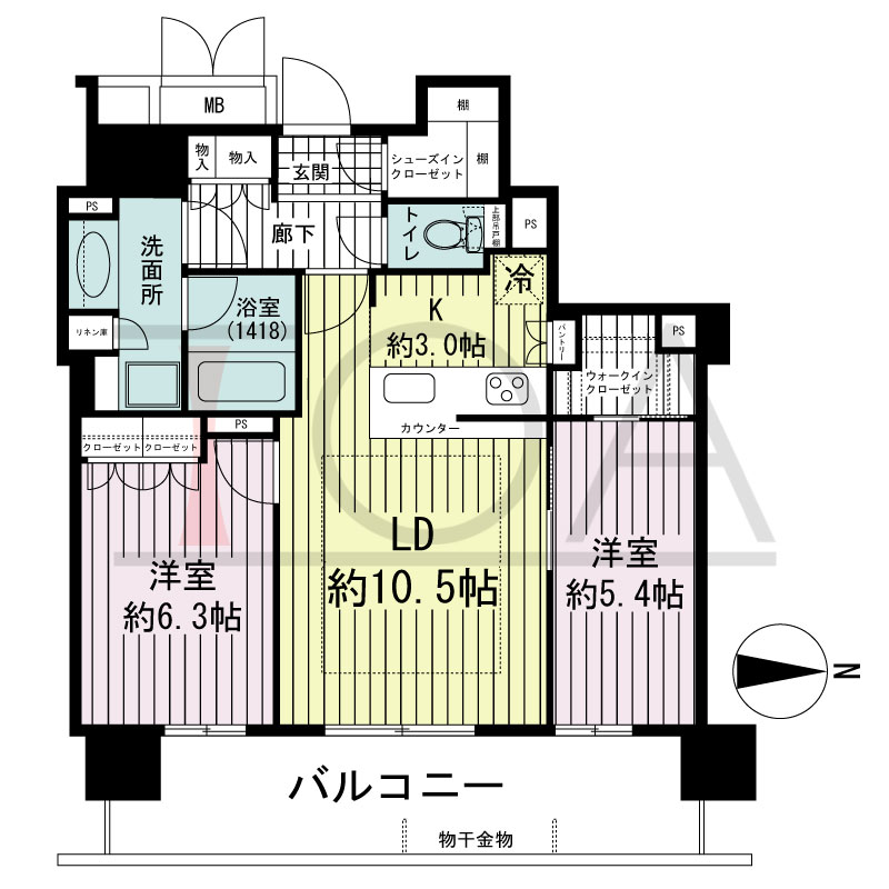 ブランズタワー御堂筋本町の間取り図 東向き　2LDK+WIC+SIC　専有面積63.64m2
バルコニー面積14.40m2