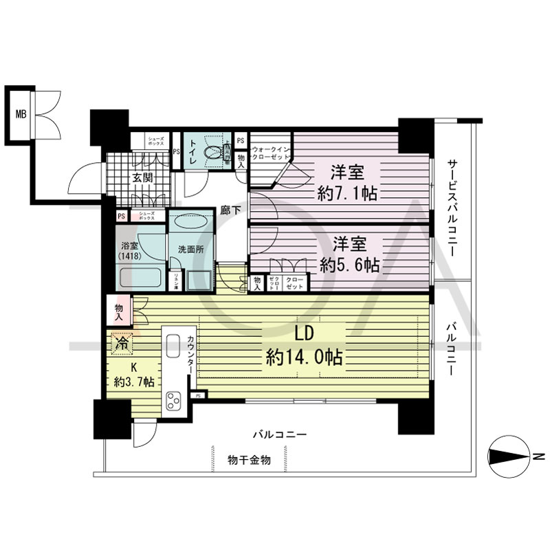 ブランズタワー御堂筋本町の間取り図 東向き角　2LDK+WIC　専有面積70.64m2
バルコニー面積19.94m2
サービスバルコニー面積3.94m2
