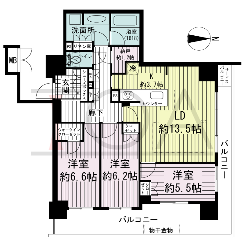 ブランズタワー御堂筋本町の間取り図 北向き角　3LDK+N+WIC　専有面積85.62m2
バルコニー面積22.24m2
サービスバルコニー面積1.13m2