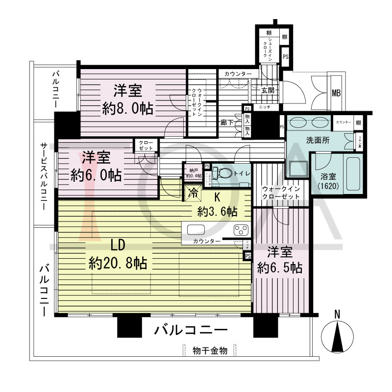 ブランズタワー御堂筋本町の間取り図 南向き角　3LDK+N+WIC+SIC　専有面積110.67m2
バルコニー面積27.57m2
サービスバルコニー面積4.04m2