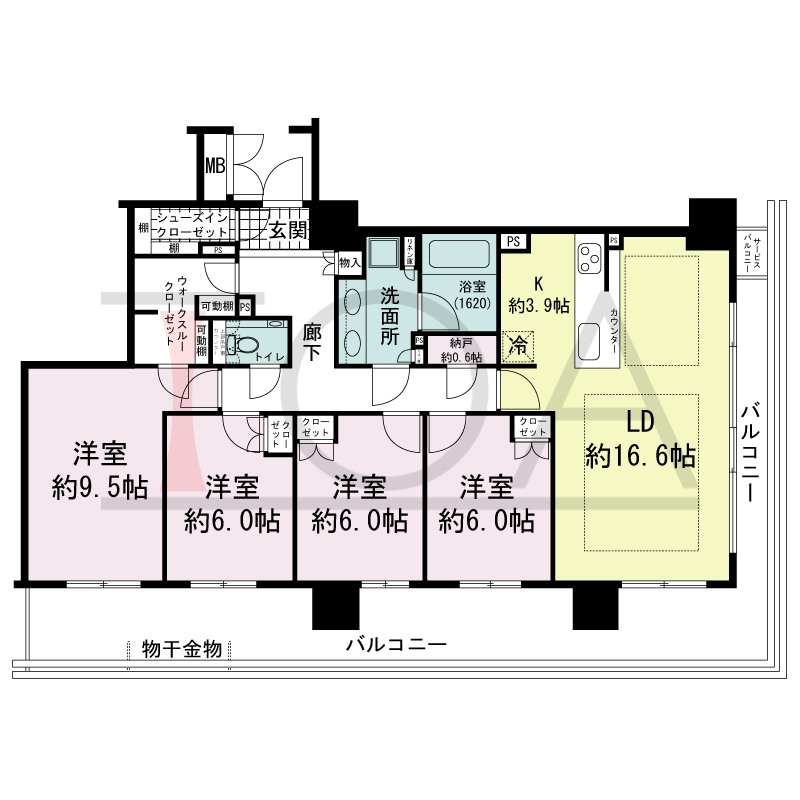 ブランズタワー御堂筋本町の間取り図 南東向き角　4LDK+N+SIC　専有面積111.37m2
バルコニー面積34.77m2
サービスバルコニー面積0.93m2
