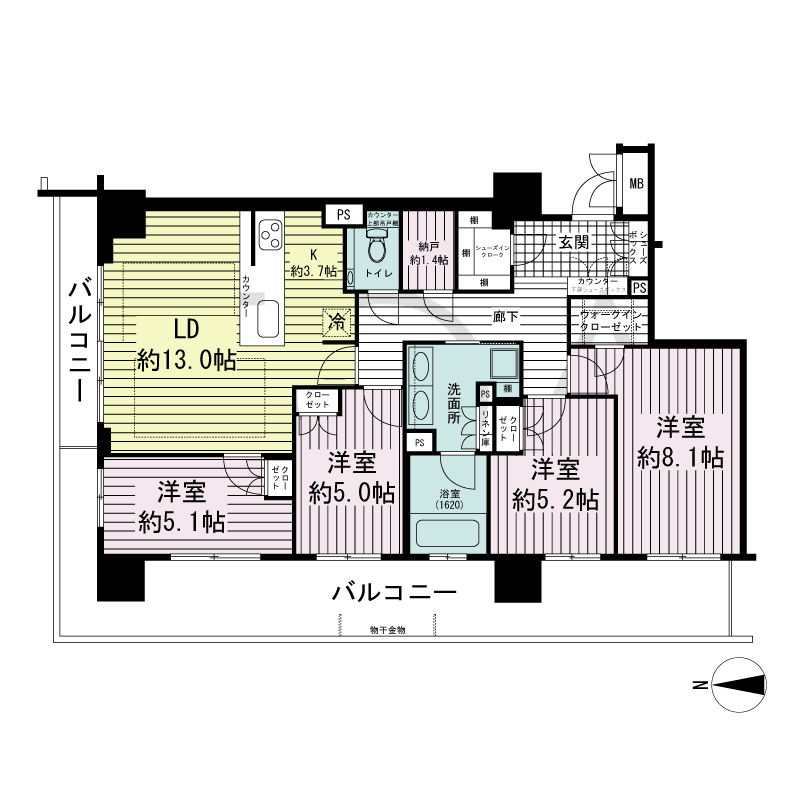 ブランズタワー御堂筋本町の間取り図 北向き角　4LDK+N+WIC+SIC　専有面積97.52m2
バルコニー面積31.93m2
サービスバルコニー面積0.93m2