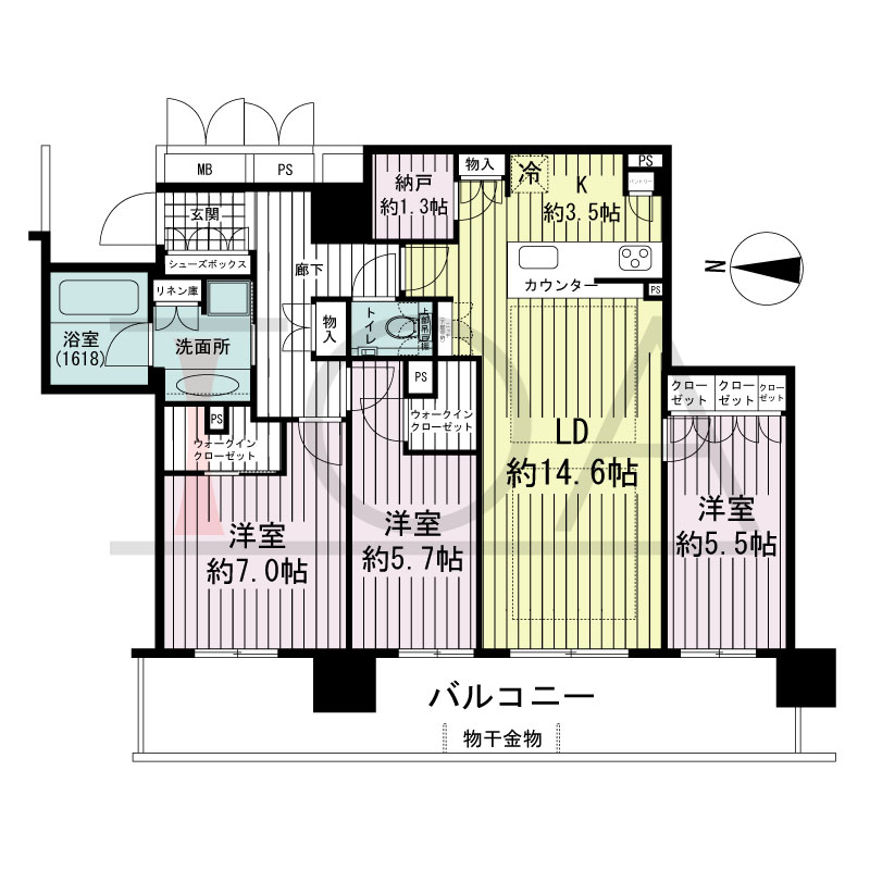 ブランズタワー御堂筋本町の間取り図 西向き　3LDK+N+WIC　専有面積88.66m2
バルコニー面積20.24m2