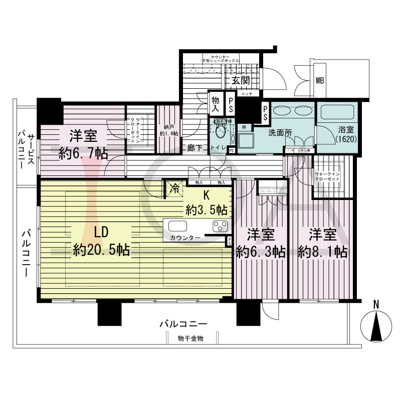ブランズタワー御堂筋本町の間取り図 南西向き角　3LDK+N+WIC　専有面積111.28m2
バルコニー面積28.54m2
サービスバルコニー面積2.91m2