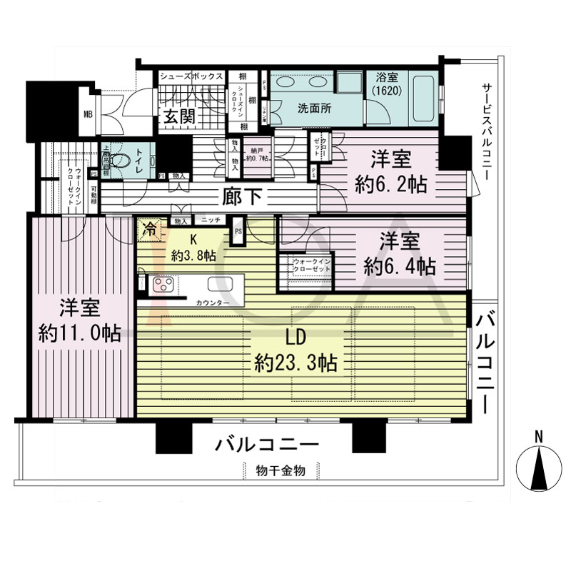 ブランズタワー御堂筋本町の間取り図 南向き角　3LDK+N+WIC+SIC　専有面積120.17m2
バルコニー面積28.06m2
サービスバルコニー面積8.59m2