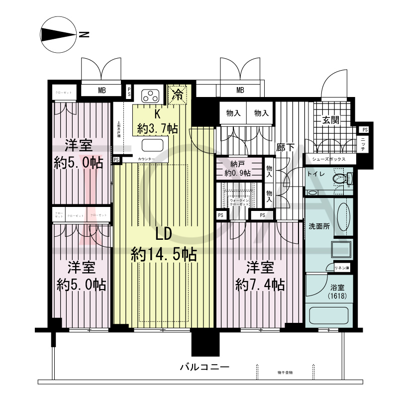 ブランズタワー御堂筋本町の間取り図 東向き　3LDK+N　専有面積89.98m2
バルコニー面積18.34m2