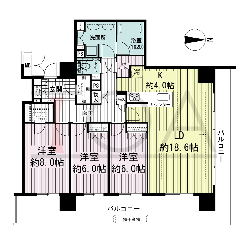 ブランズタワー御堂筋本町の間取り図 南向き角　3LDK+N　専有面積101.27m2
バルコニー面積30.49m2