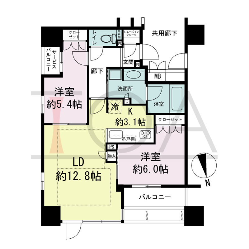ローレルタワー心斎橋の間取り図 北東向き角　2LDK+SIC　専有面積62.19m2
バルコニー面積5.90m2
サービスバルコニー面積1.52m2