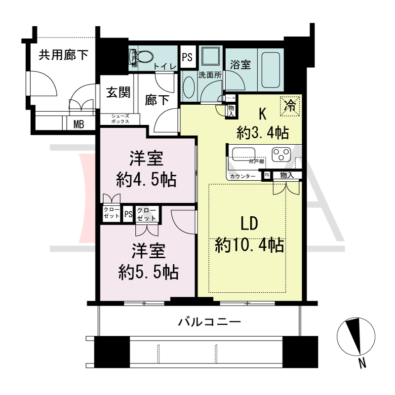 ローレルタワー心斎橋の間取り図 北東向き　2LDK　専有面積55.02m2
バルコニー面積11.52m2