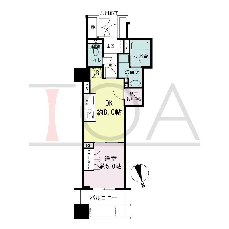 ローレルタワー心斎橋の間取り図 北東向き　1LDK+N　専有面積37.04m2
バルコニー面積5.49m2