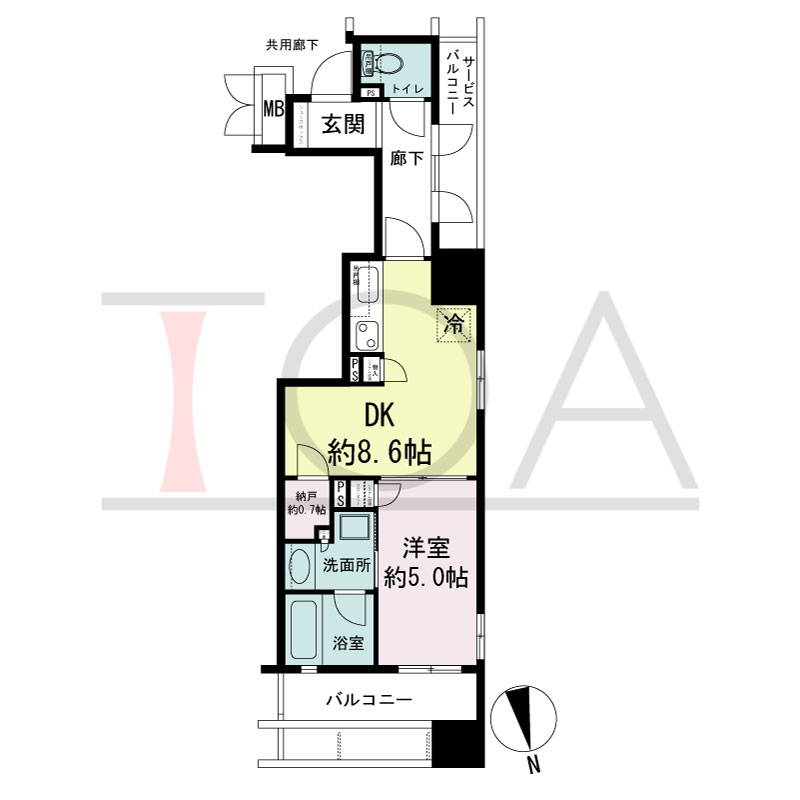 ローレルタワー心斎橋の間取り図 西向き角　1LDK+N　専有面積38.18m2
バルコニー面積7.29m2
サービスバルコニー面積4.08m2