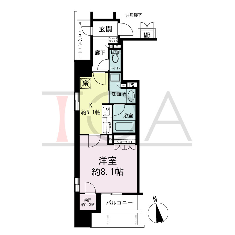 ローレルタワー心斎橋の間取り図 南向き角　1LDKN　専有面積37.05m2
バルコニー面積5.35m2
サービスバルコニー面積2.47m2