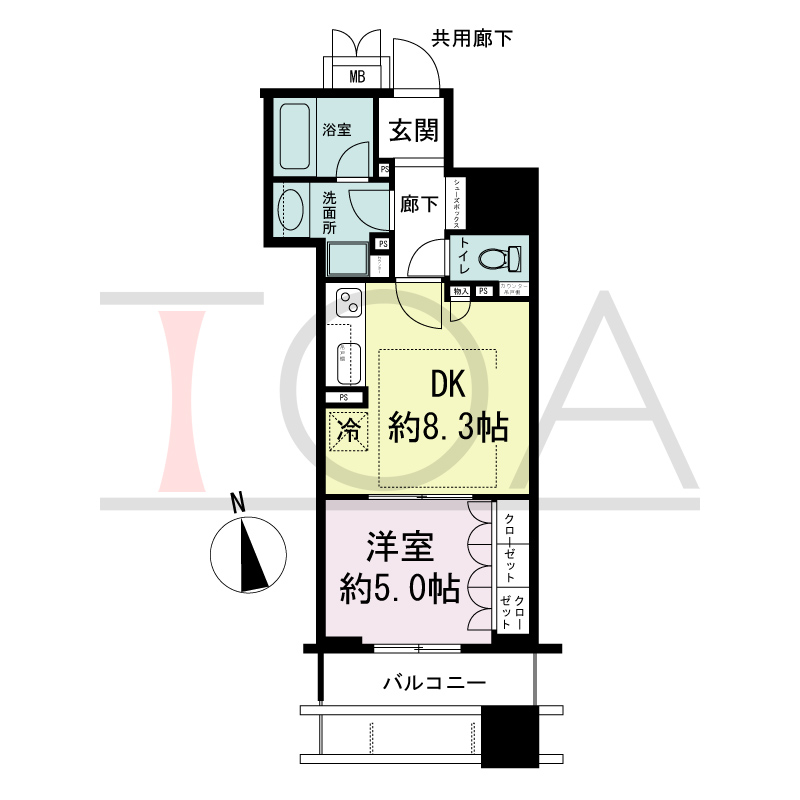 ローレルタワー心斎橋の間取り図 南向き　1LDK　専有面積37.03m2
バルコニー面積6.75m2