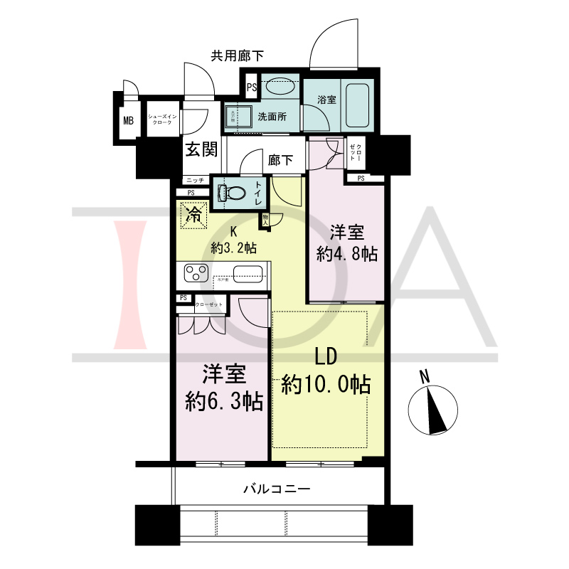 ローレルタワー心斎橋の間取り図 南向き　2LDK+SIC　専有面積55.57m2
バルコニー面積9.99m2