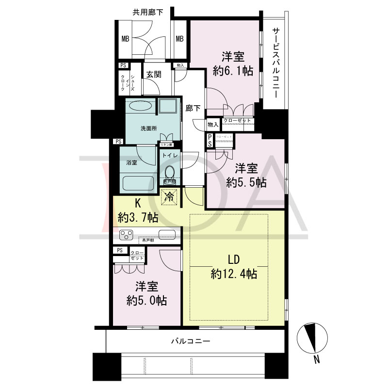 ローレルタワー心斎橋の間取り図 北東向き角　3LDK+SIC　専有面積75.07m2
バルコニー面積12.78m2
サービスバルコニー面積3.51m2
