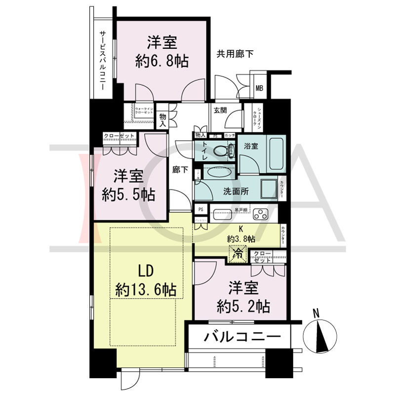 ローレルタワー心斎橋の間取り図 南西向き角　3LDK+WIC+SIC　専有面積81.51m2
バルコニー面積7.02m2
サービスバルコニー面積3.04m2