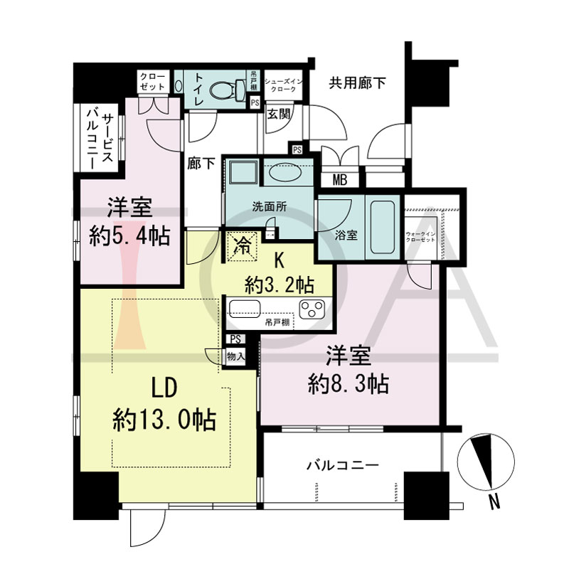 ローレルタワー心斎橋の間取り図 北東向き角　1LDK+SIC　専有面積67.36m2
バルコニー面積7.34m2
サービスバルコニー面積1.52m2