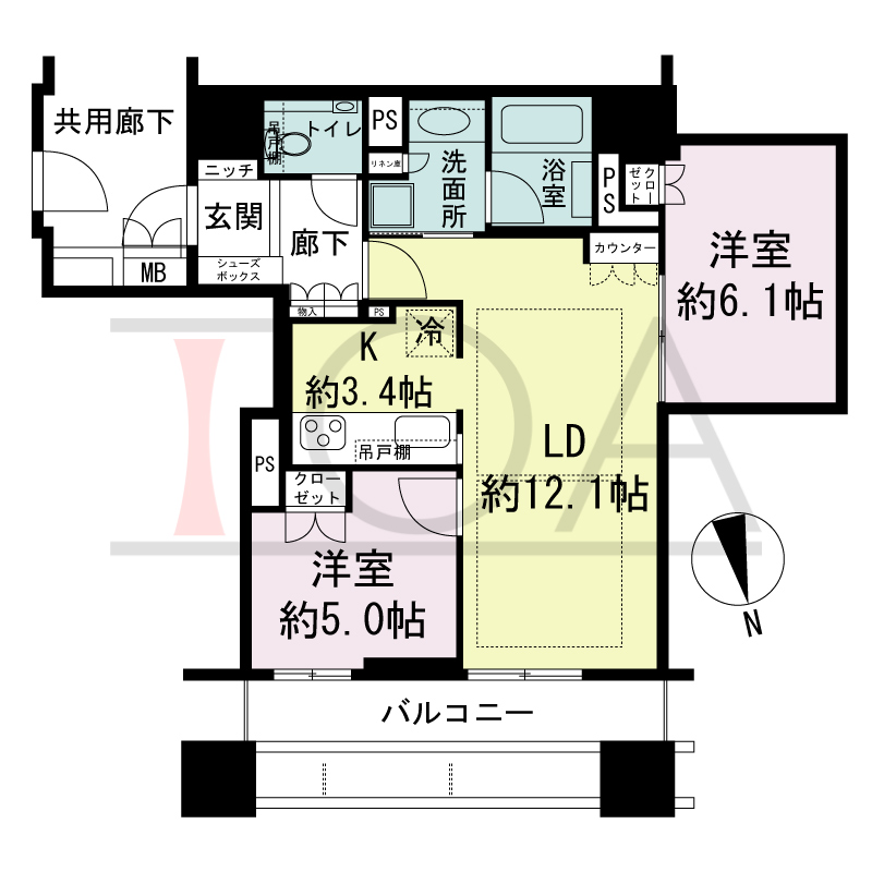 ローレルタワー心斎橋の間取り図 北向き　1LDKN　専有面積61.42m2
バルコニー面積10.80m2